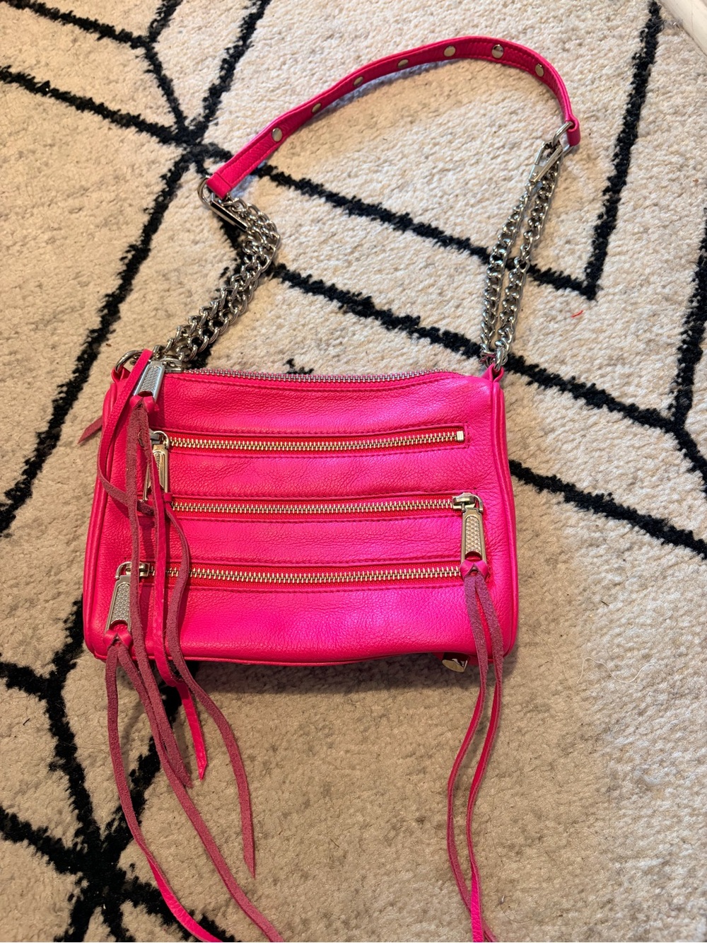 Autographed Rebecca Minkoff Hot Pink Leather Crossbody with Silver Chain.